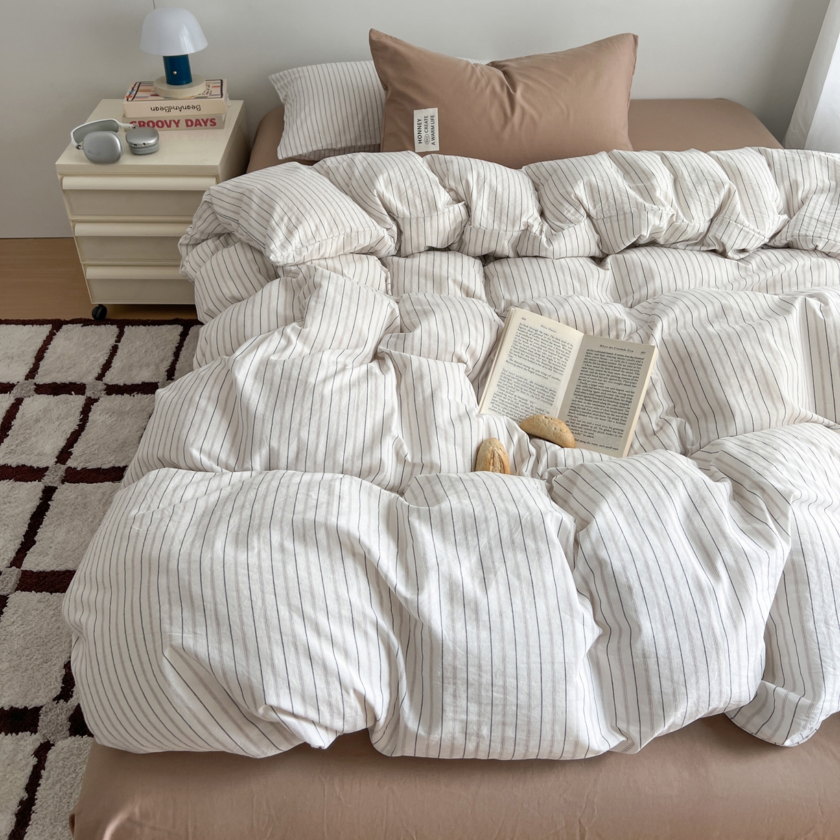 早晨家纺 2026新款INS博主风A类全棉纯棉色织水洗棉格子四件套 心悦-白灰条纹