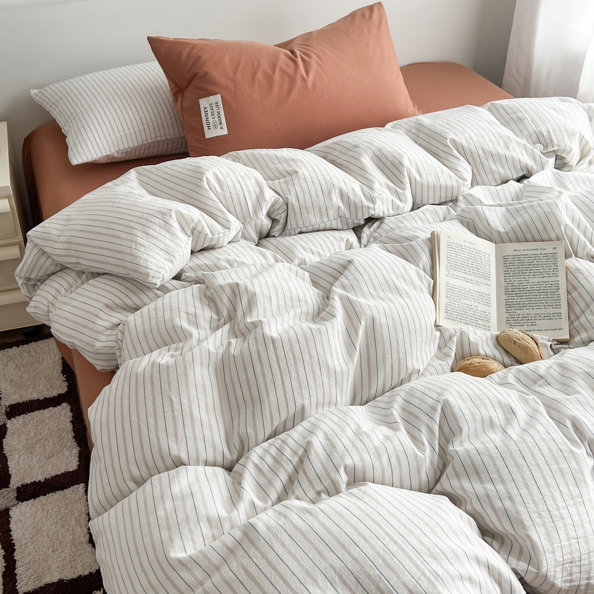 91家纺网 家纺一手货源 找家纺 早晨家纺 2026新款INS博主风A类全棉纯棉色织水洗棉格子四件套 心悦-白蓝条纹