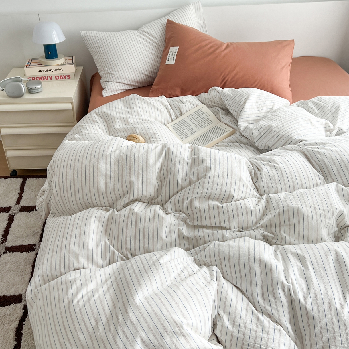 91家纺网 家纺一手货源 找家纺 早晨家纺 2026新款INS博主风A类全棉纯棉色织水洗棉格子四件套 心悦-白蓝条纹