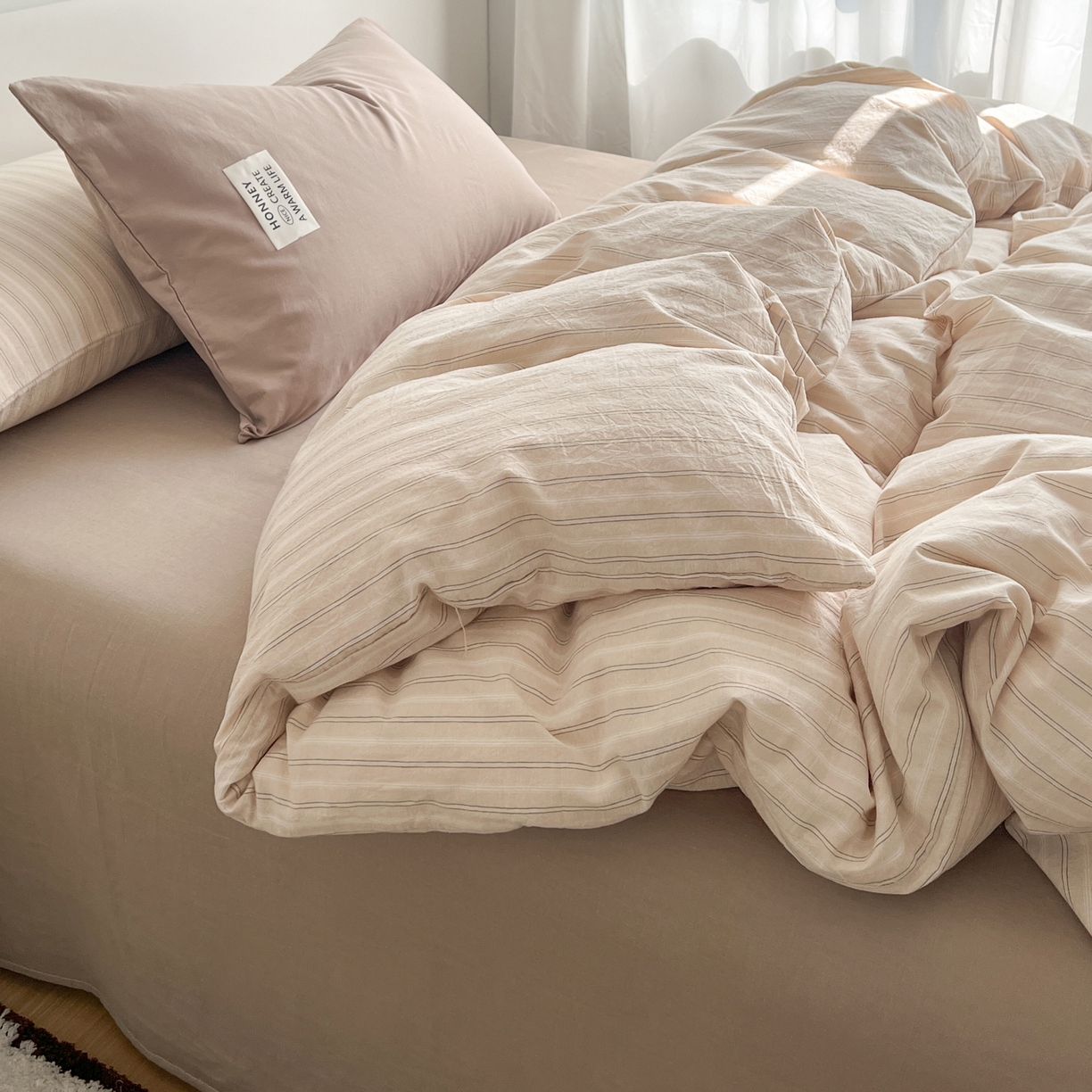 91家纺网 家纺一手货源 找家纺 早晨家纺 2026新款INS博主风A类全棉纯棉色织水洗棉格子四件套 印章-条纹