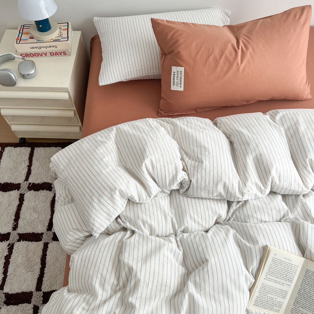 91家纺网 家纺一手货源 找家纺 早晨家纺 2026新款INS博主风A类全棉纯棉色织水洗棉格子四件套 心悦-白蓝条纹