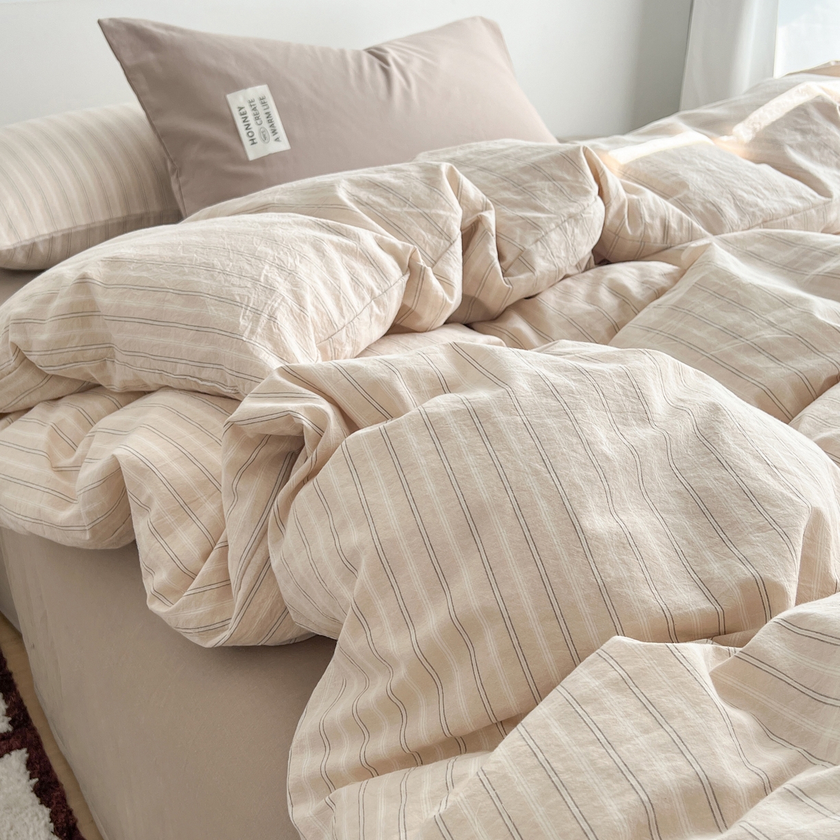 91家纺网 家纺一手货源 找家纺 早晨家纺 2026新款INS博主风A类全棉纯棉色织水洗棉格子四件套 印章-条纹