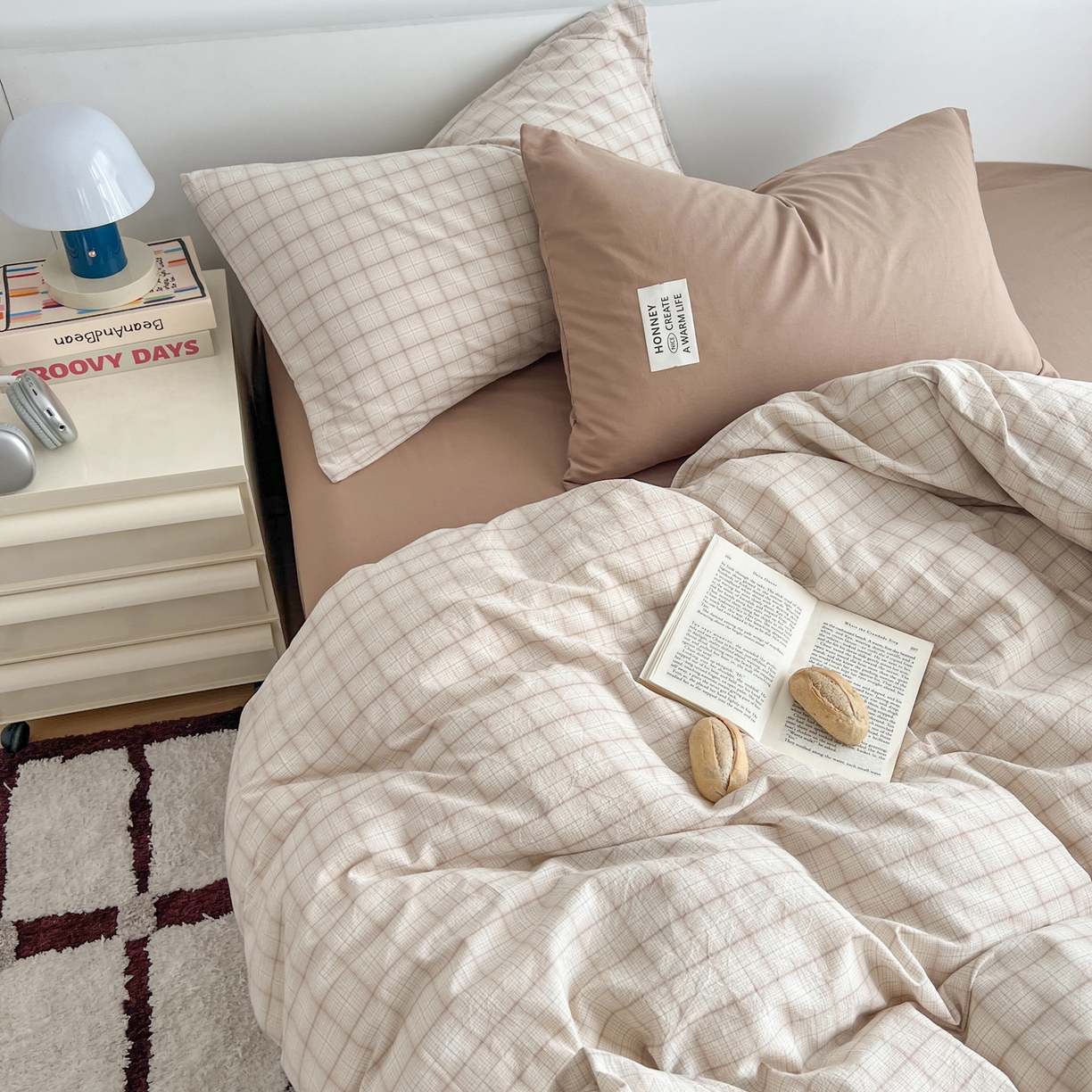 91家纺网 家纺一手货源 找家纺 早晨家纺 2026新款INS博主风A类全棉纯棉色织水洗棉格子四件套 追觅-浅格