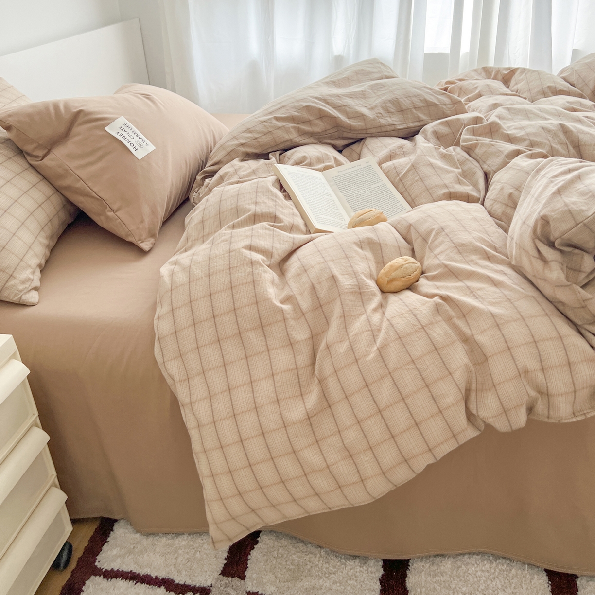 91家纺网 家纺一手货源 找家纺 早晨家纺 2026新款INS博主风A类全棉纯棉色织水洗棉格子四件套 追觅-咖格