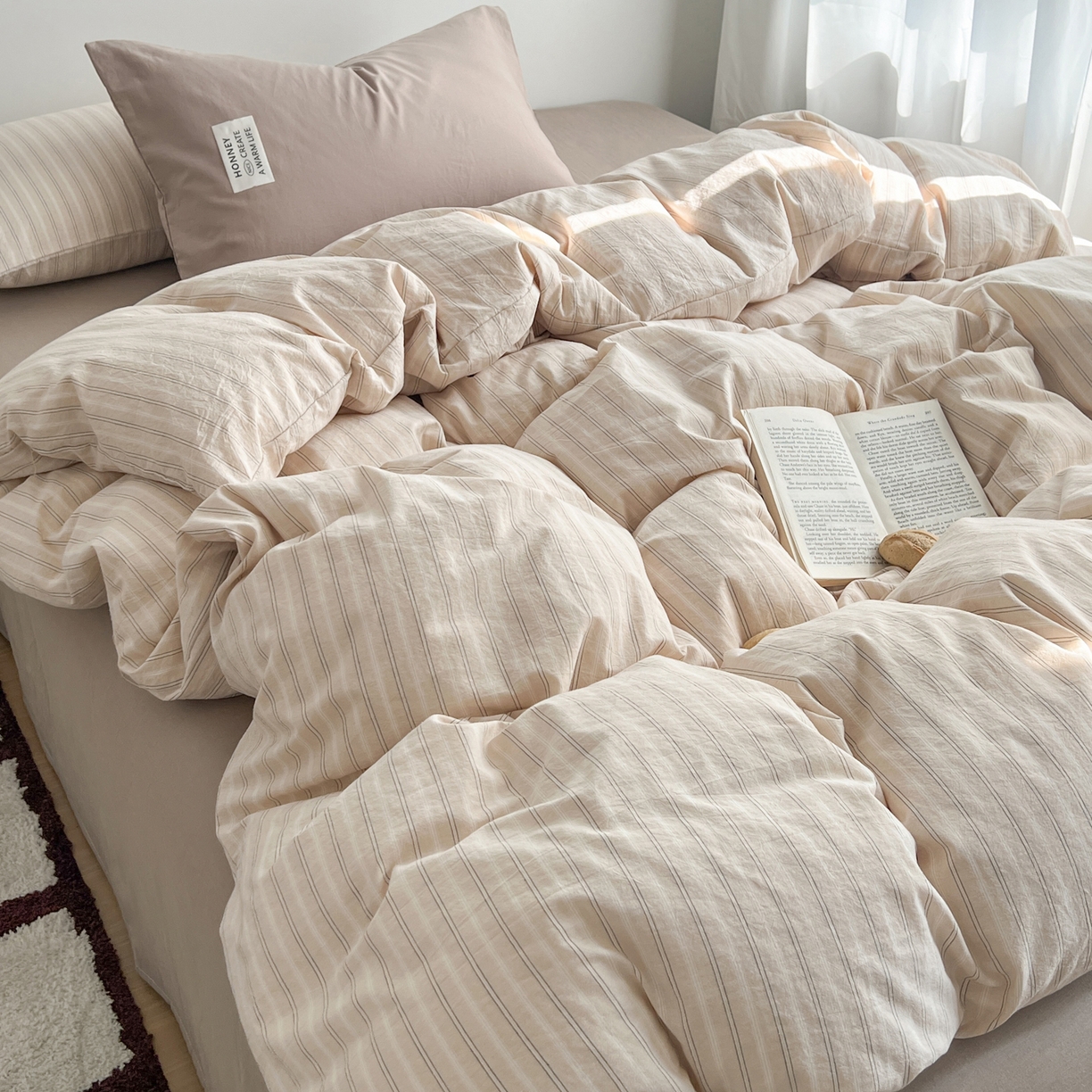 91家纺网 家纺一手货源 找家纺 早晨家纺 2026新款INS博主风A类全棉纯棉色织水洗棉格子四件套 印章-条纹