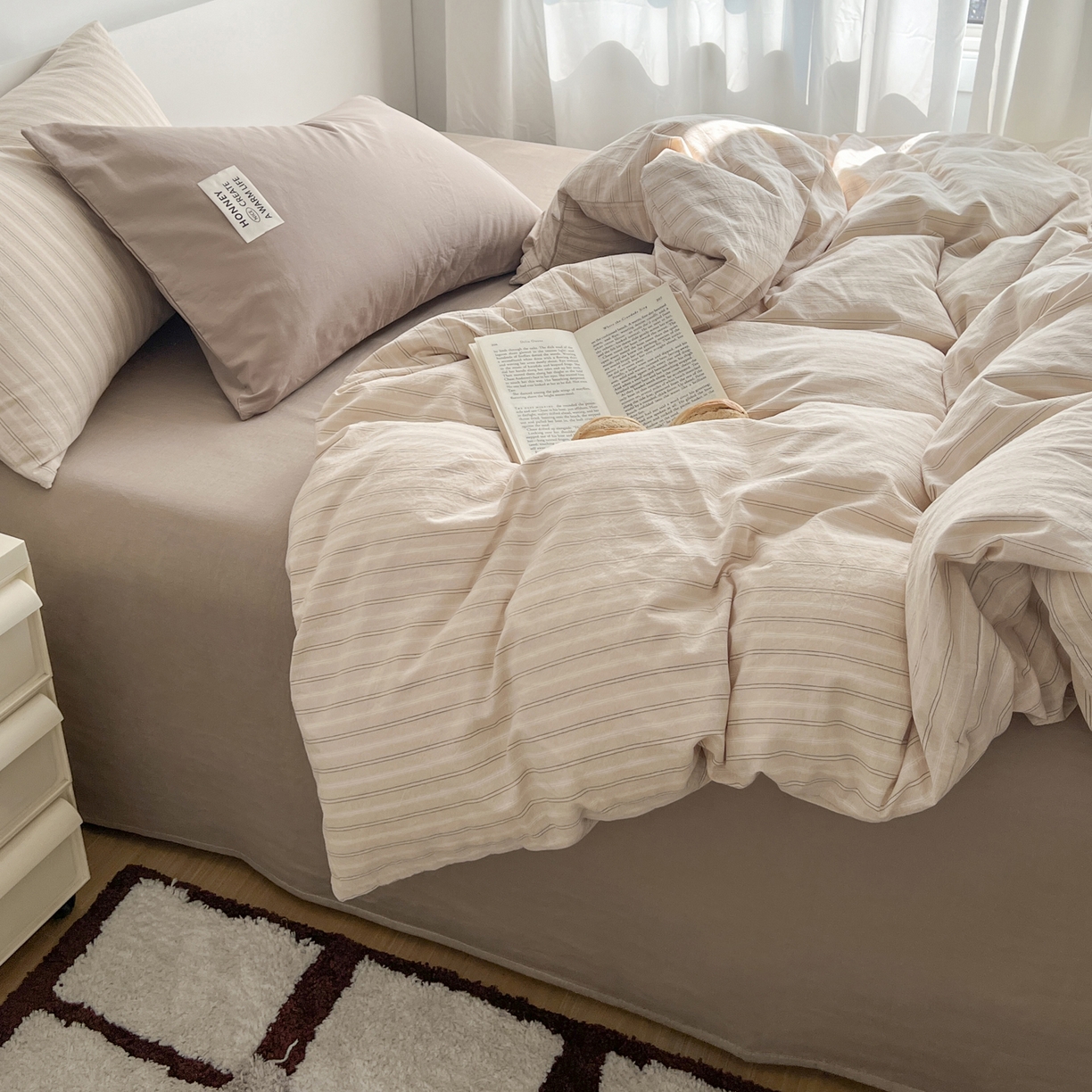 91家纺网 家纺一手货源 找家纺 早晨家纺 2026新款INS博主风A类全棉纯棉色织水洗棉格子四件套 印章-条纹