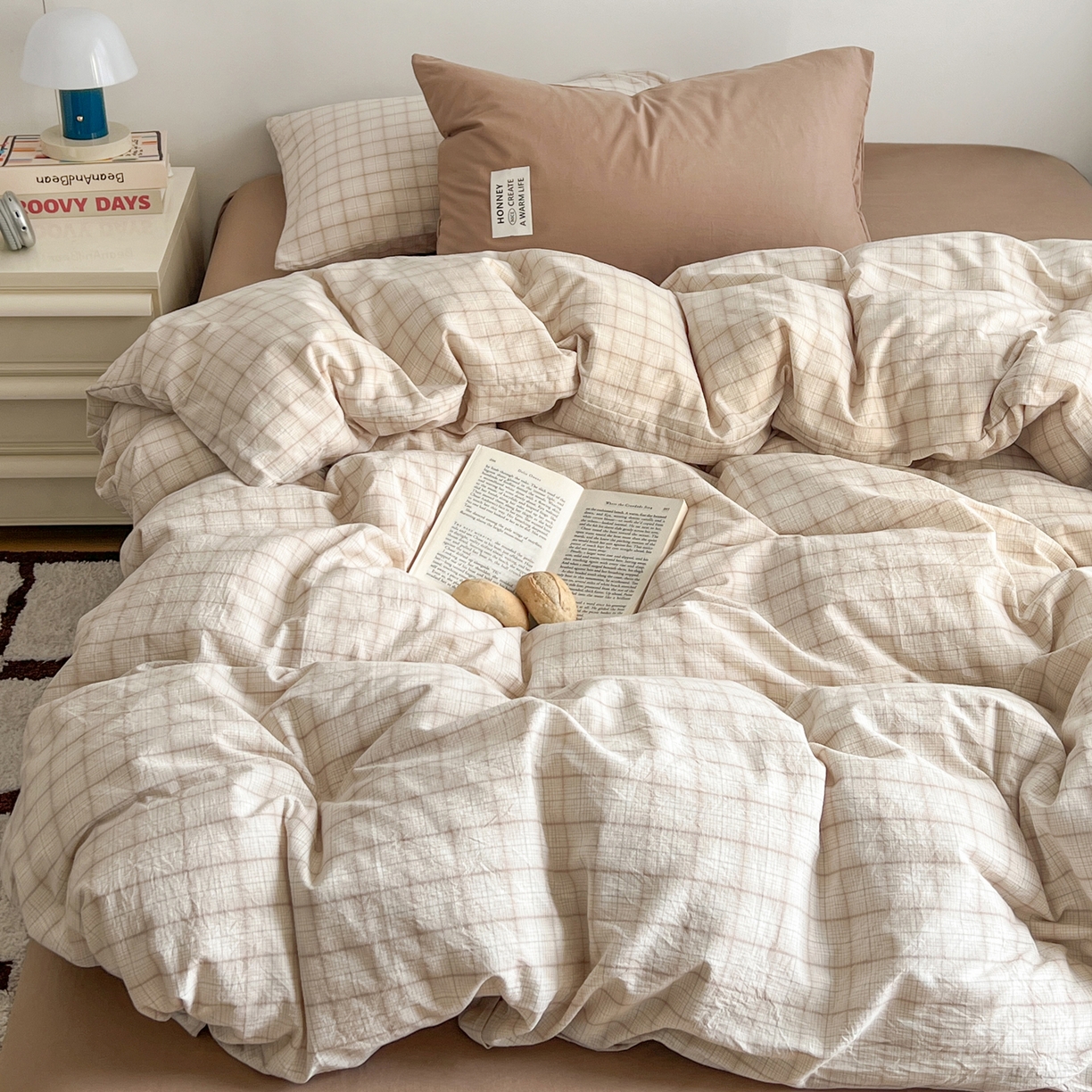 早晨家纺 2026新款INS博主风A类全棉纯棉色织水洗棉格子四件套 追觅-浅格