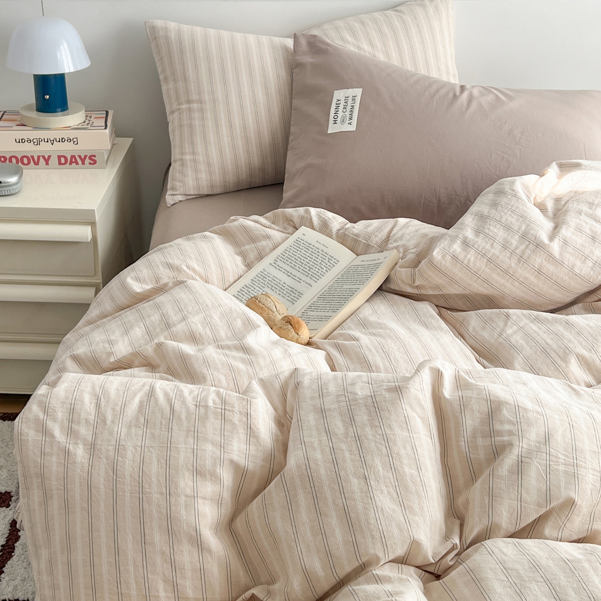 91家纺网 家纺一手货源 找家纺 早晨家纺 2026新款INS博主风A类全棉纯棉色织水洗棉格子四件套 印章-条纹