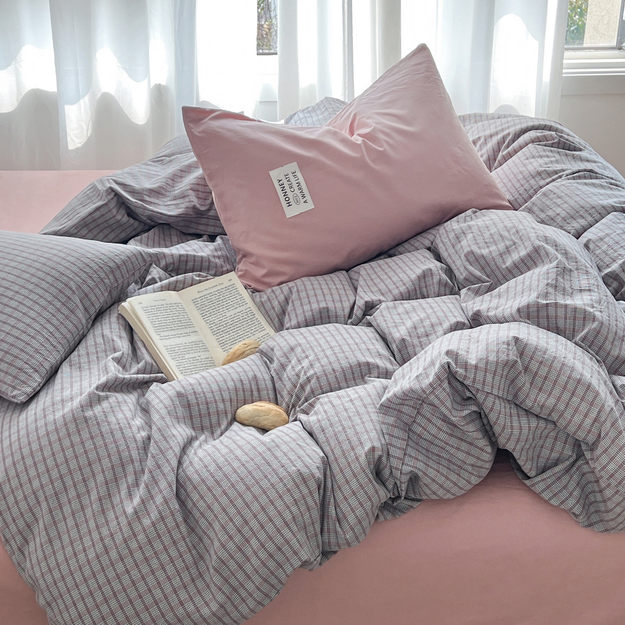 91家纺网 家纺一手货源 找家纺 早晨家纺 2026新款INS博主风A类全棉纯棉色织水洗棉格子四件套 初夏-灰格