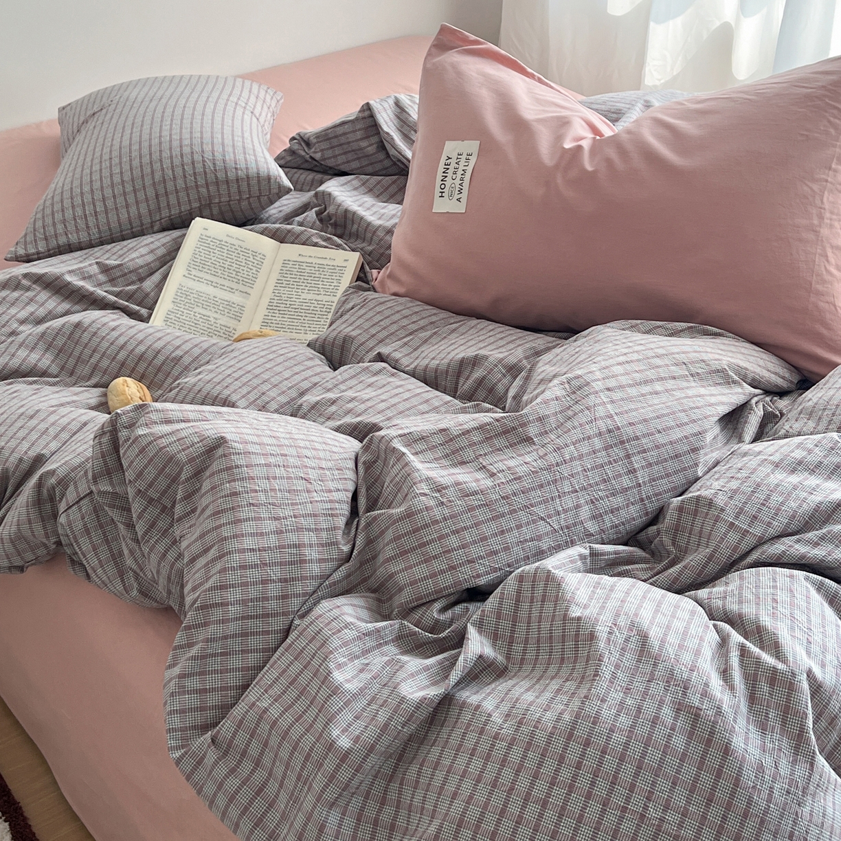 91家纺网 家纺一手货源 找家纺 早晨家纺 2026新款INS博主风A类全棉纯棉色织水洗棉格子四件套 初夏-灰格