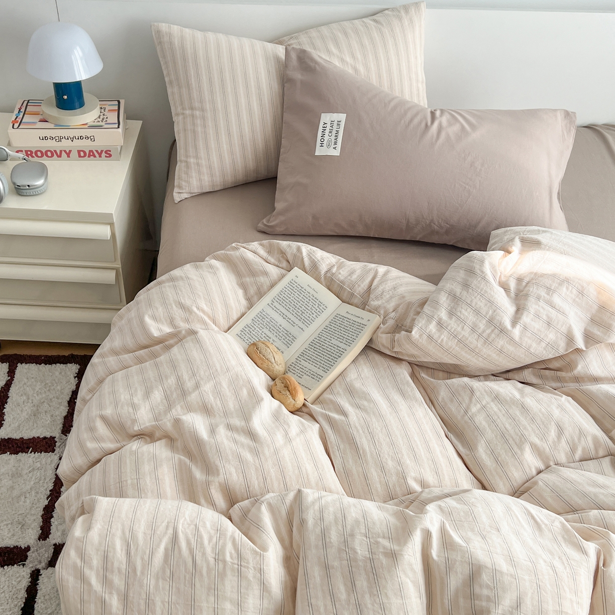 91家纺网 家纺一手货源 找家纺 早晨家纺 2026新款INS博主风A类全棉纯棉色织水洗棉格子四件套 印章-条纹