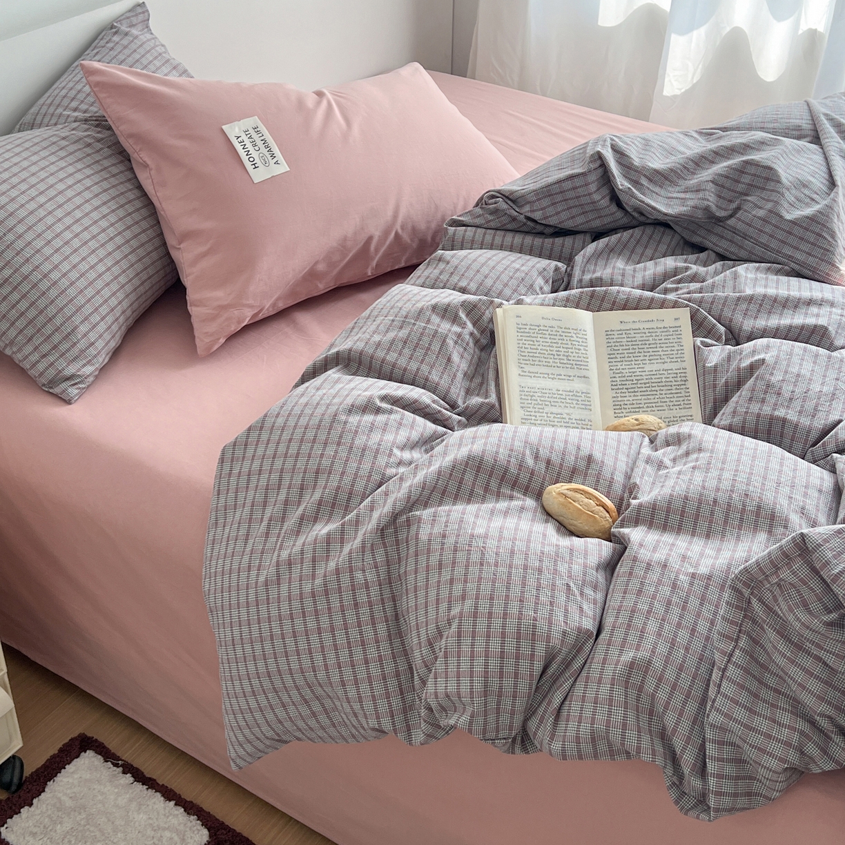 91家纺网 家纺一手货源 找家纺 早晨家纺 2026新款INS博主风A类全棉纯棉色织水洗棉格子四件套 初夏-灰格