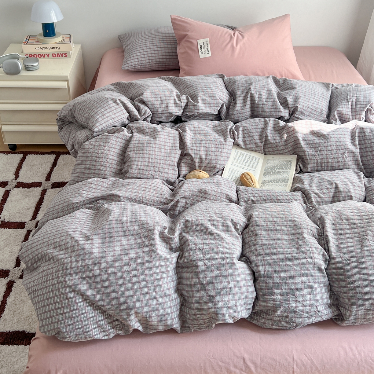 91家纺网 家纺一手货源 找家纺 早晨家纺 2026新款INS博主风A类全棉纯棉色织水洗棉格子四件套 初夏-灰格