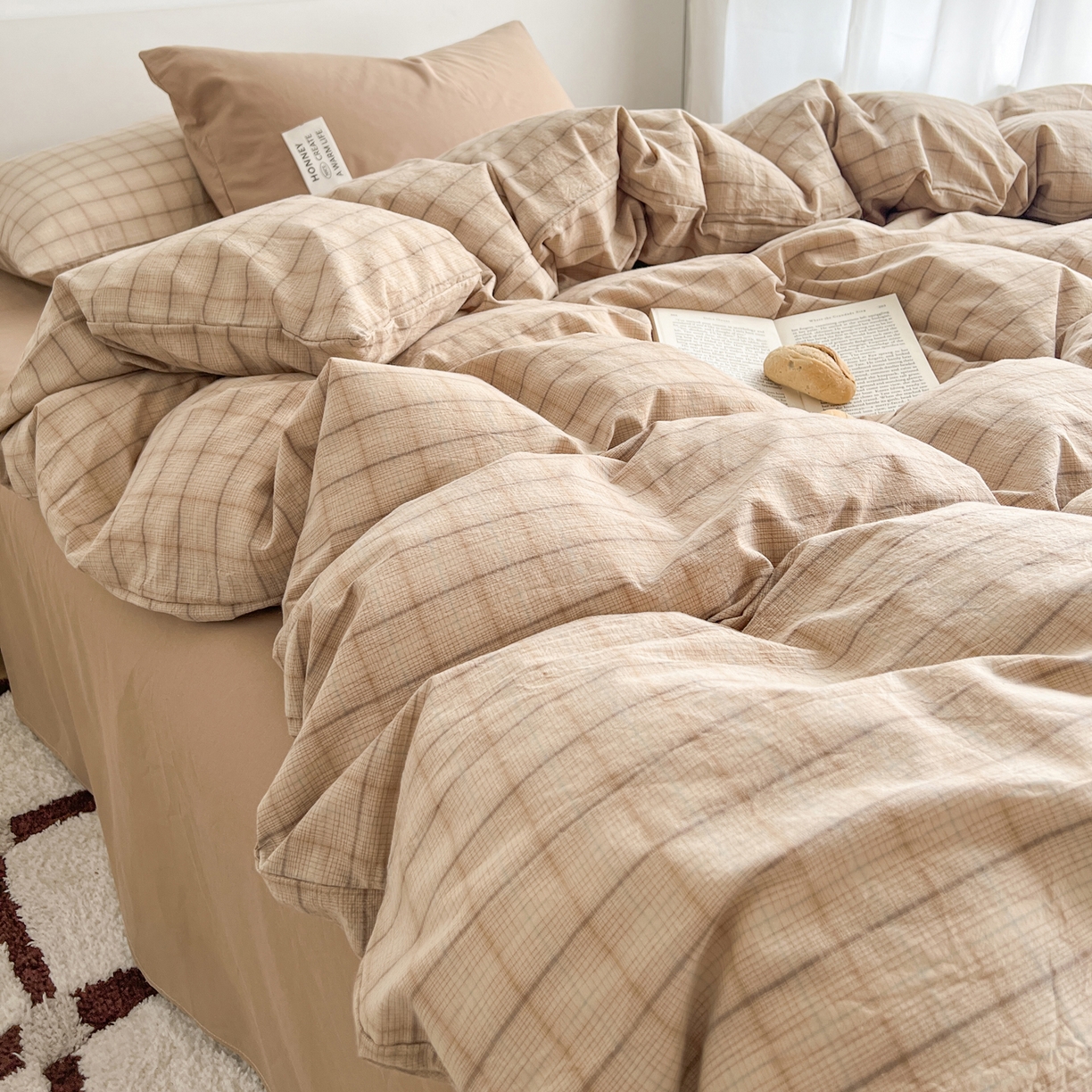 91家纺网 家纺一手货源 找家纺 早晨家纺 2026新款INS博主风A类全棉纯棉色织水洗棉格子四件套 追觅-咖格