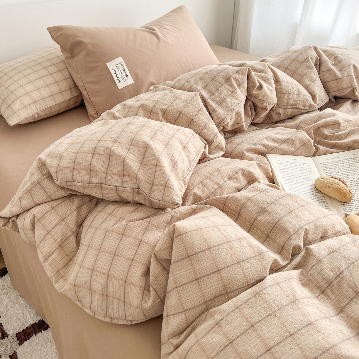 91家纺网 家纺一手货源 找家纺 早晨家纺 2026新款INS博主风A类全棉纯棉色织水洗棉格子四件套 追觅-咖格