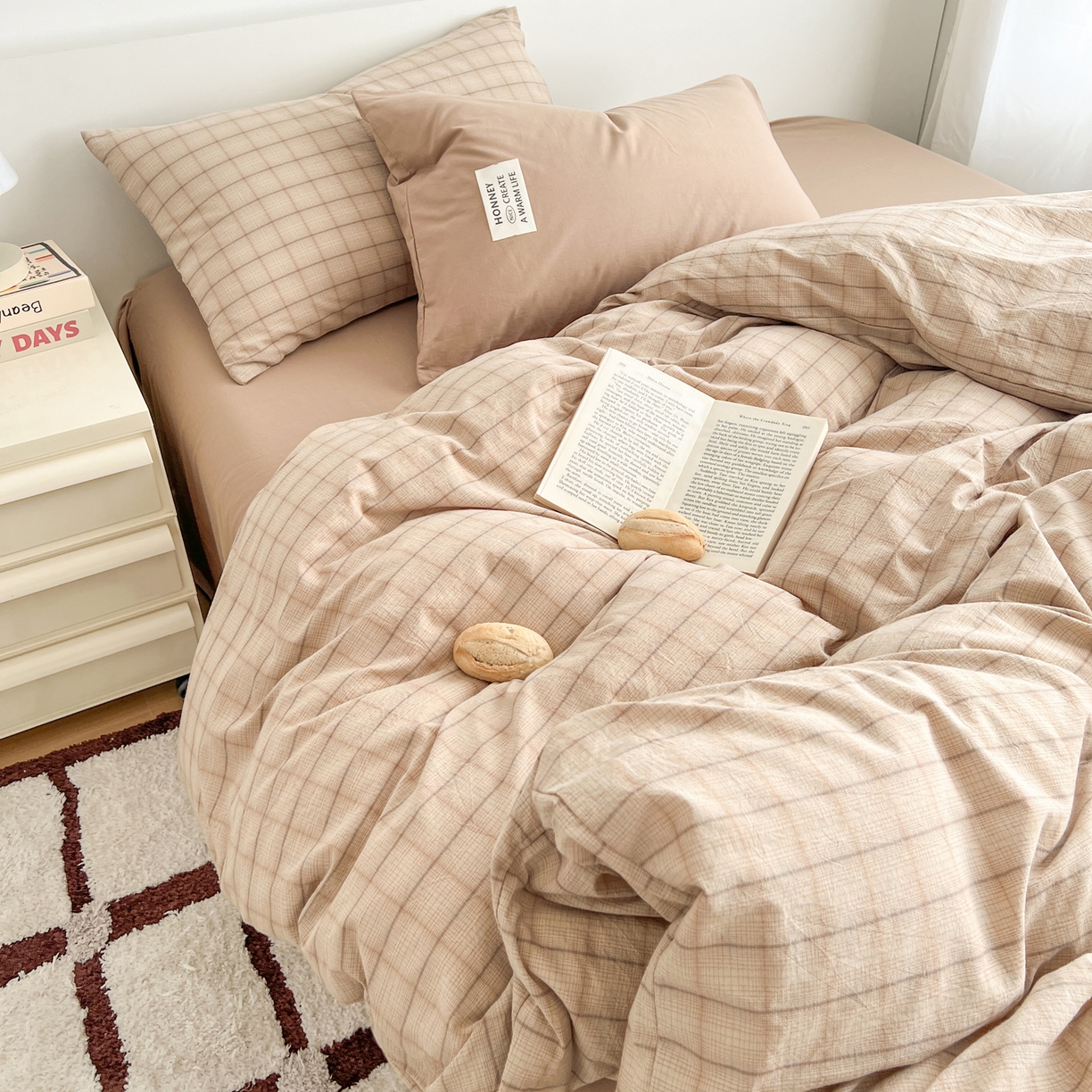 91家纺网 家纺一手货源 找家纺 早晨家纺 2026新款INS博主风A类全棉纯棉色织水洗棉格子四件套 追觅-咖格