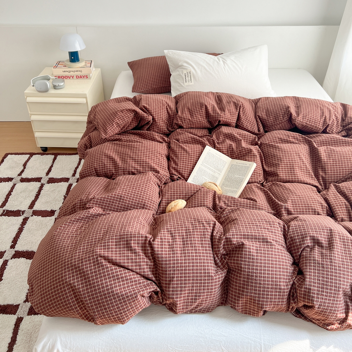 91家纺网 家纺一手货源 找家纺 早晨家纺 2026新款INS博主风A类全棉纯棉色织水洗棉格子四件套 向往-红格