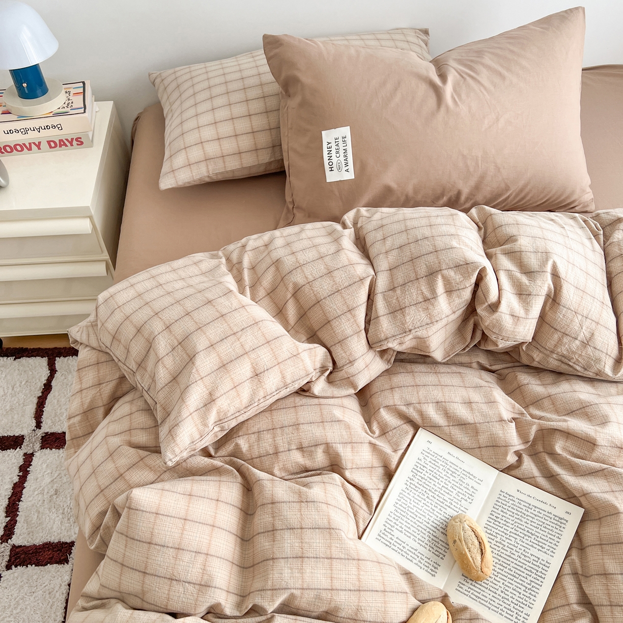 91家纺网 家纺一手货源 找家纺 早晨家纺 2026新款INS博主风A类全棉纯棉色织水洗棉格子四件套 追觅-咖格