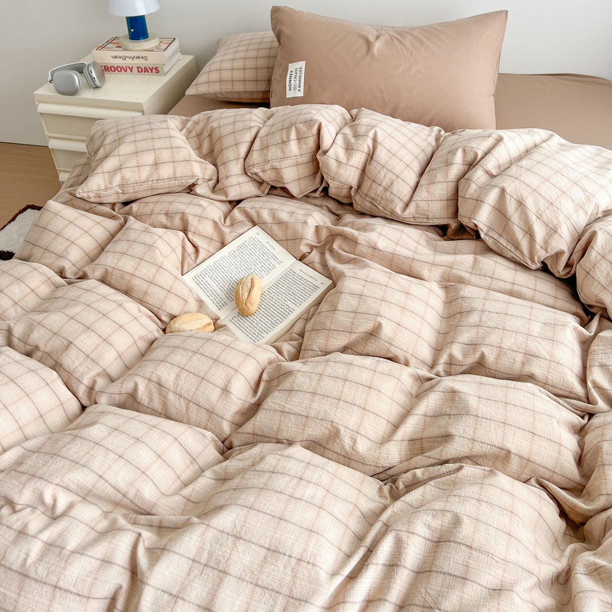 91家纺网 家纺一手货源 找家纺 早晨家纺 2026新款INS博主风A类全棉纯棉色织水洗棉格子四件套 追觅-咖格