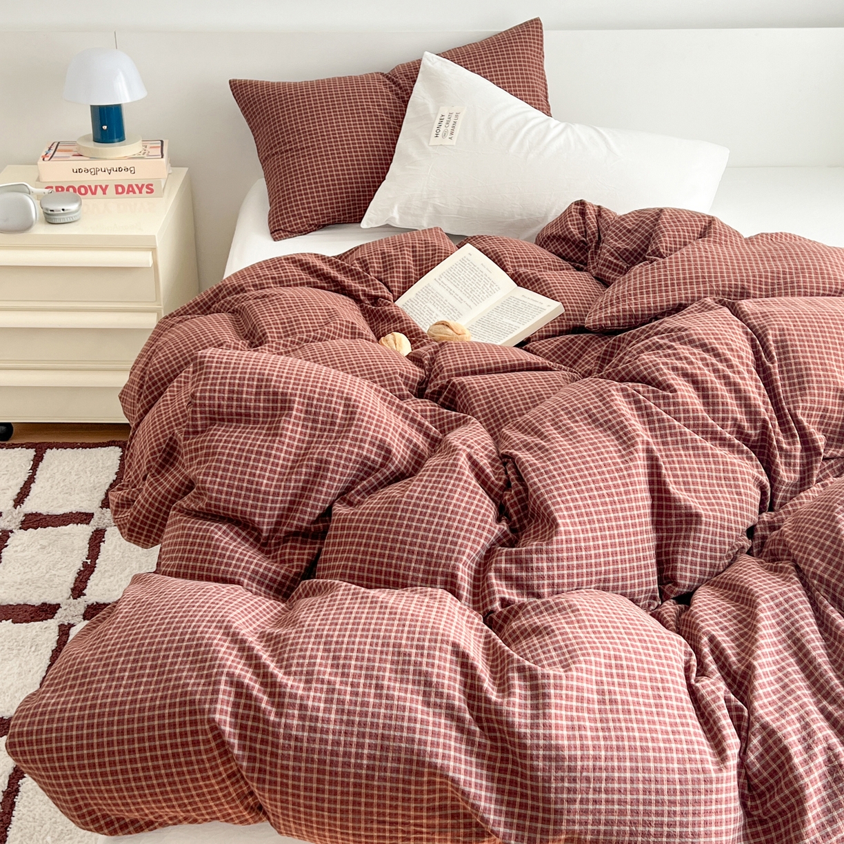 早晨家纺 2026新款INS博主风A类全棉纯棉色织水洗棉格子四件套 向往-红格