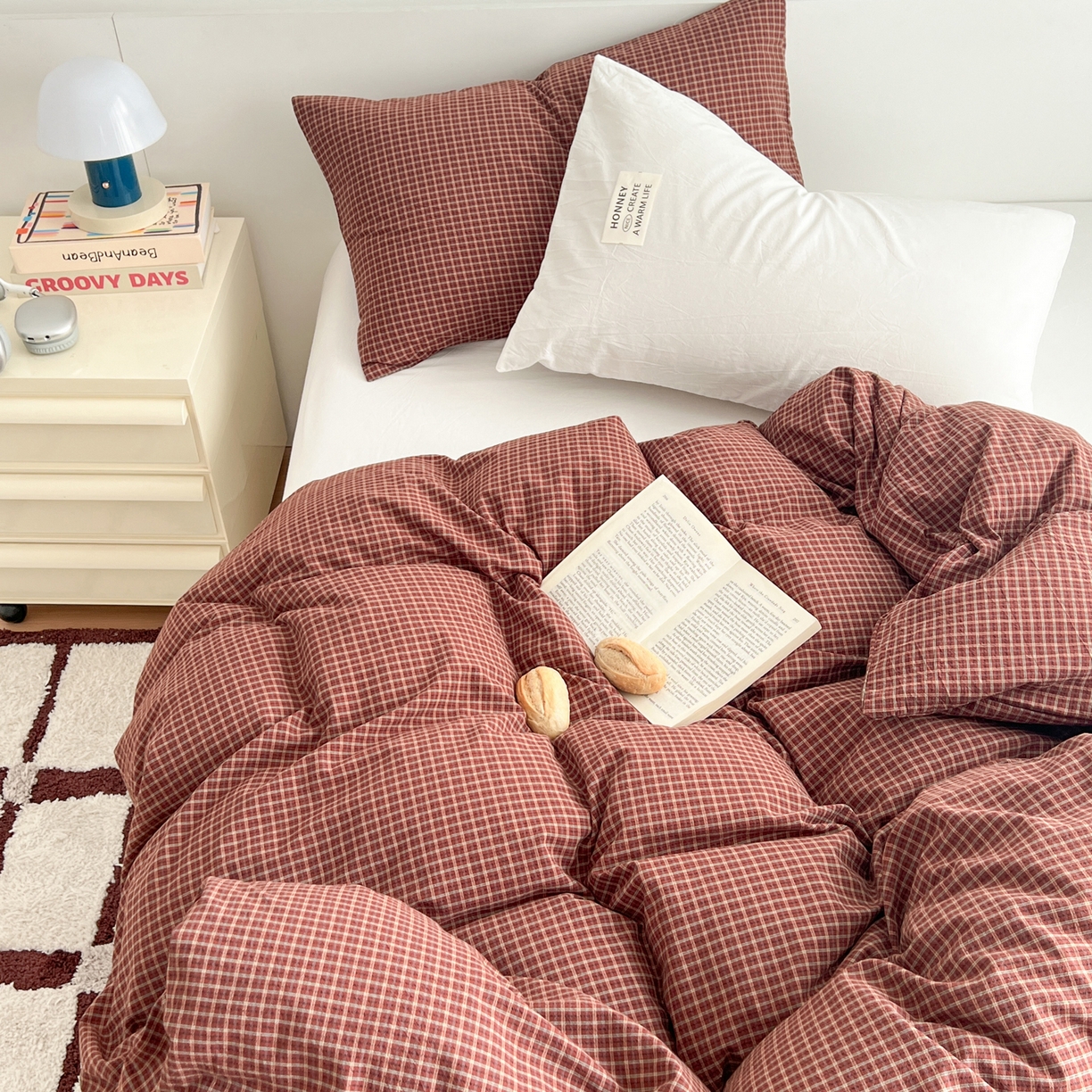 91家纺网 家纺一手货源 找家纺 早晨家纺 2026新款INS博主风A类全棉纯棉色织水洗棉格子四件套 向往-红格