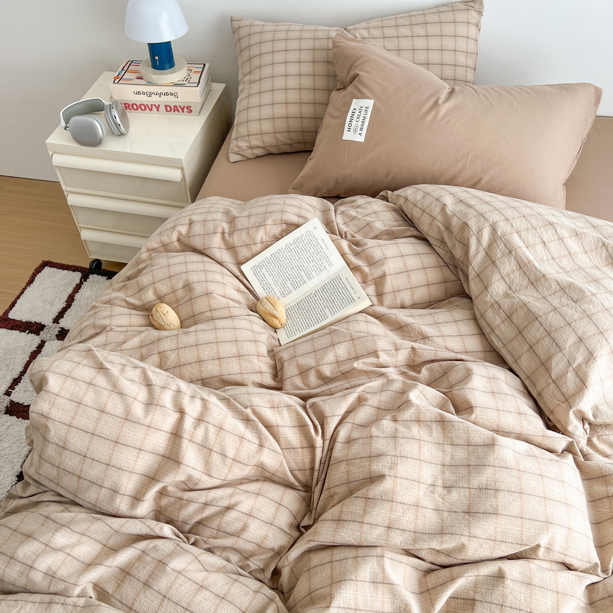 91家纺网 家纺一手货源 找家纺 早晨家纺 2026新款INS博主风A类全棉纯棉色织水洗棉格子四件套 追觅-咖格