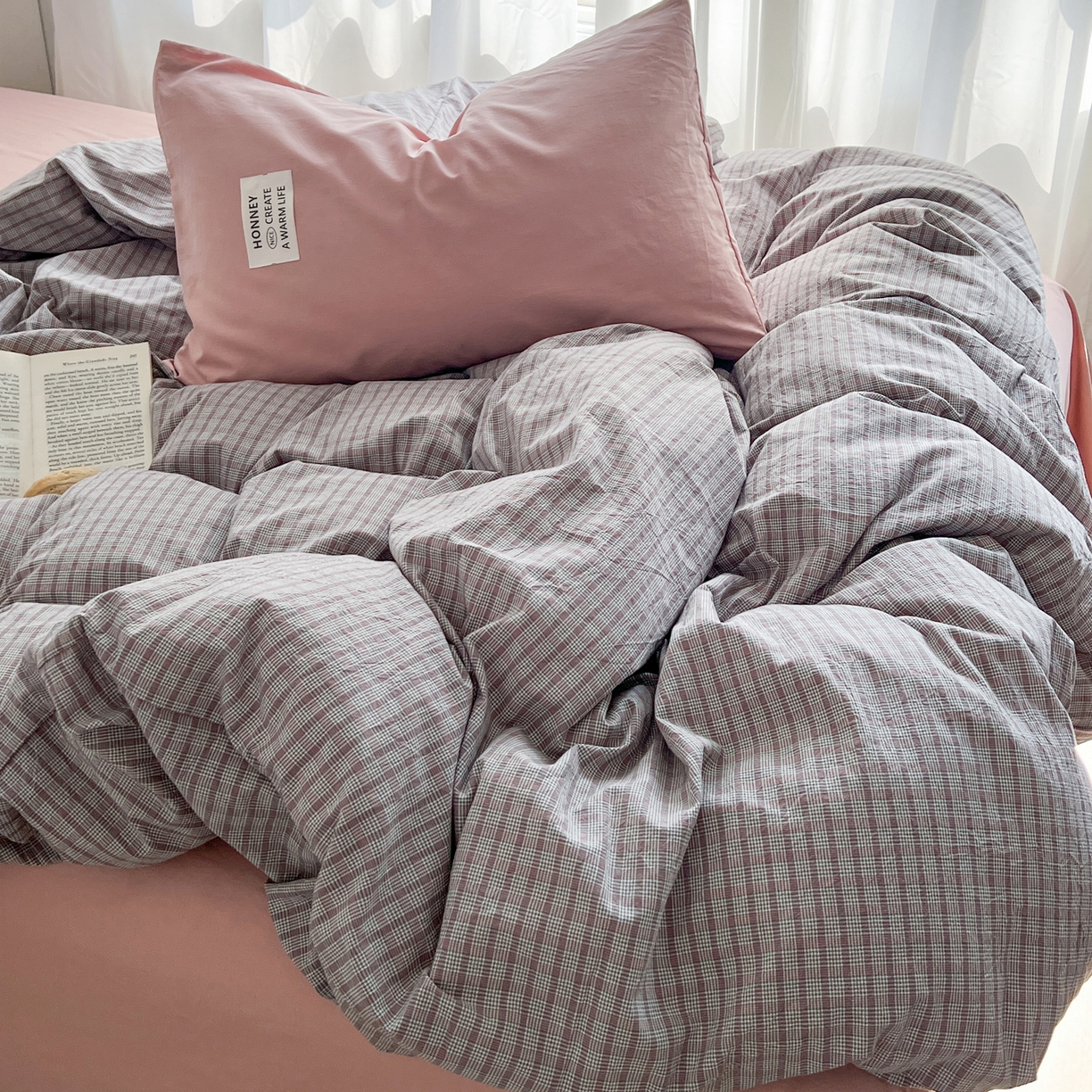 91家纺网 家纺一手货源 找家纺 早晨家纺 2026新款INS博主风A类全棉纯棉色织水洗棉格子四件套 初夏-灰格