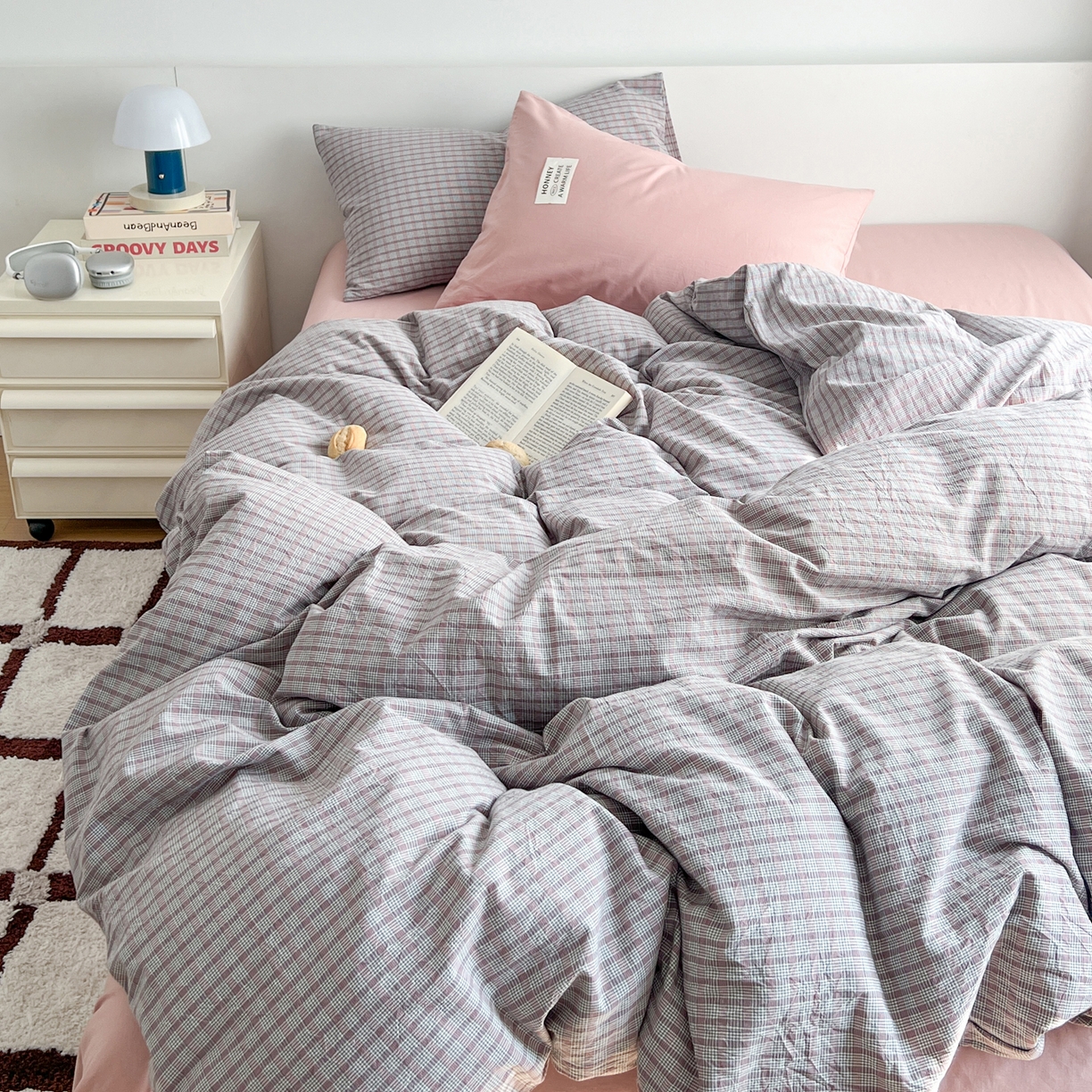 早晨家纺 2026新款INS博主风A类全棉纯棉色织水洗棉格子四件套 初夏-灰格