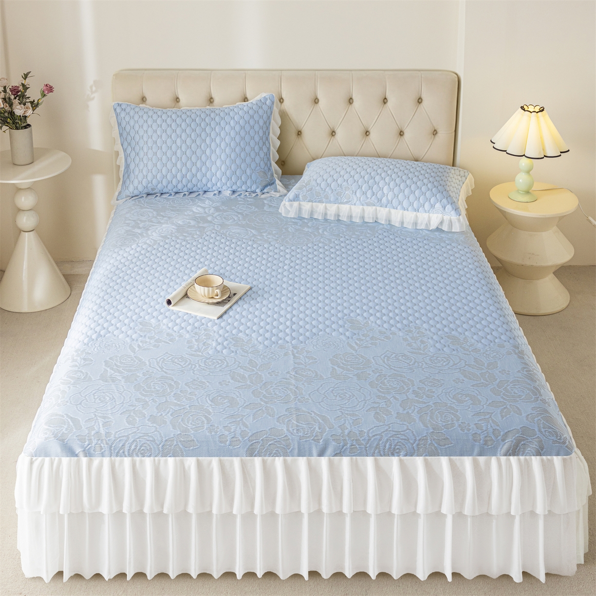 91家纺网 家纺一手货源 找家纺 （总）赛丽雅 2026爆款A类凉感豆豆凉席三件套床裙款冰丝软席子床笠款凉席