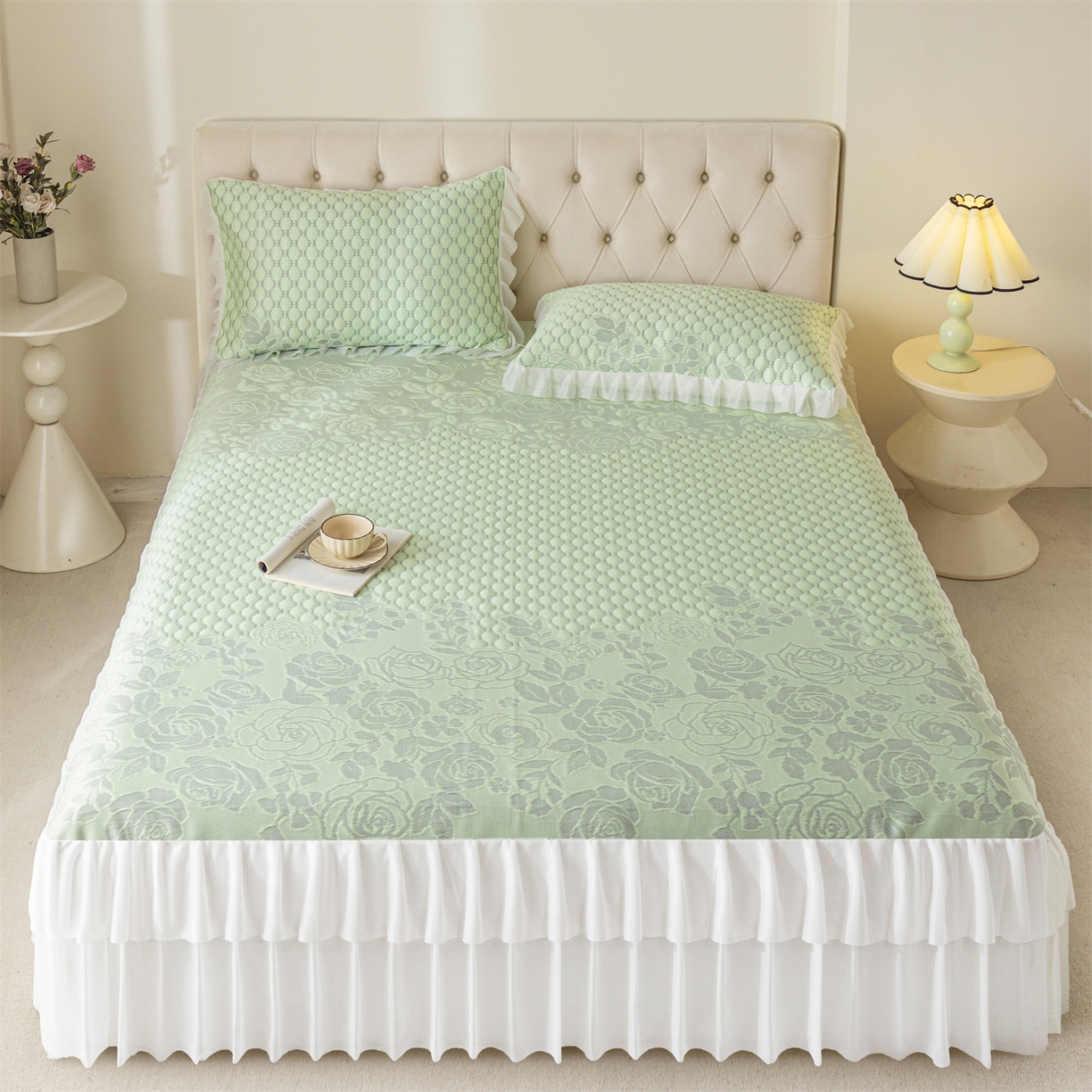 91家纺网 家纺一手货源 找家纺 （总）赛丽雅 2026爆款A类凉感豆豆凉席三件套床裙款冰丝软席子床笠款凉席