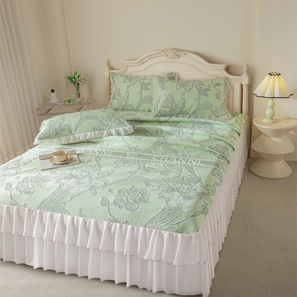 91家纺网 家纺一手货源 找家纺 （总）赛丽雅 2026爆款A类凉感豆豆凉席三件套床裙款冰丝软席子床笠款凉席