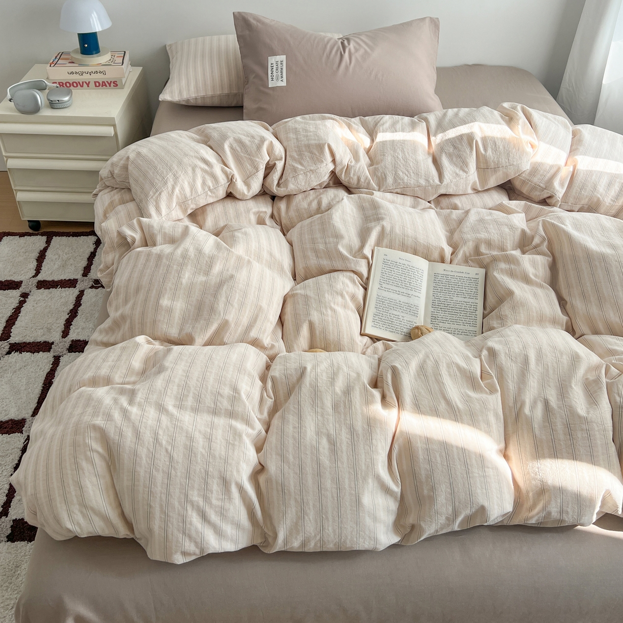 早晨家纺 2026新款INS博主风A类全棉纯棉色织水洗棉格子四件套 印章-条纹