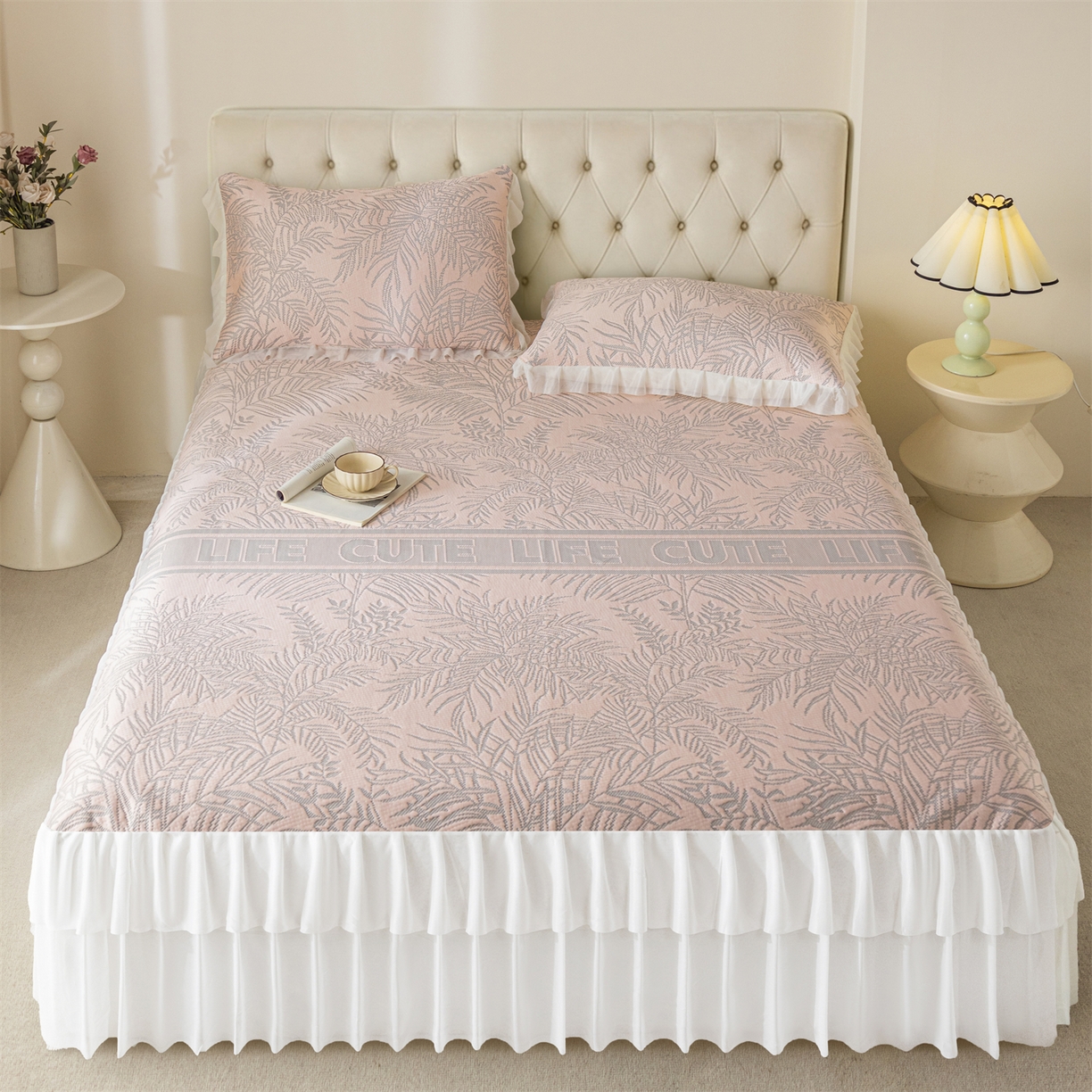 91家纺网 家纺一手货源 找家纺 （总）赛丽雅 2026爆款A类凉感豆豆凉席三件套床裙款冰丝软席子床笠款凉席