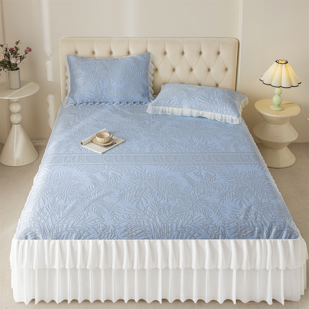 91家纺网 家纺一手货源 找家纺 （总）赛丽雅 2026爆款A类凉感豆豆凉席三件套床裙款冰丝软席子床笠款凉席