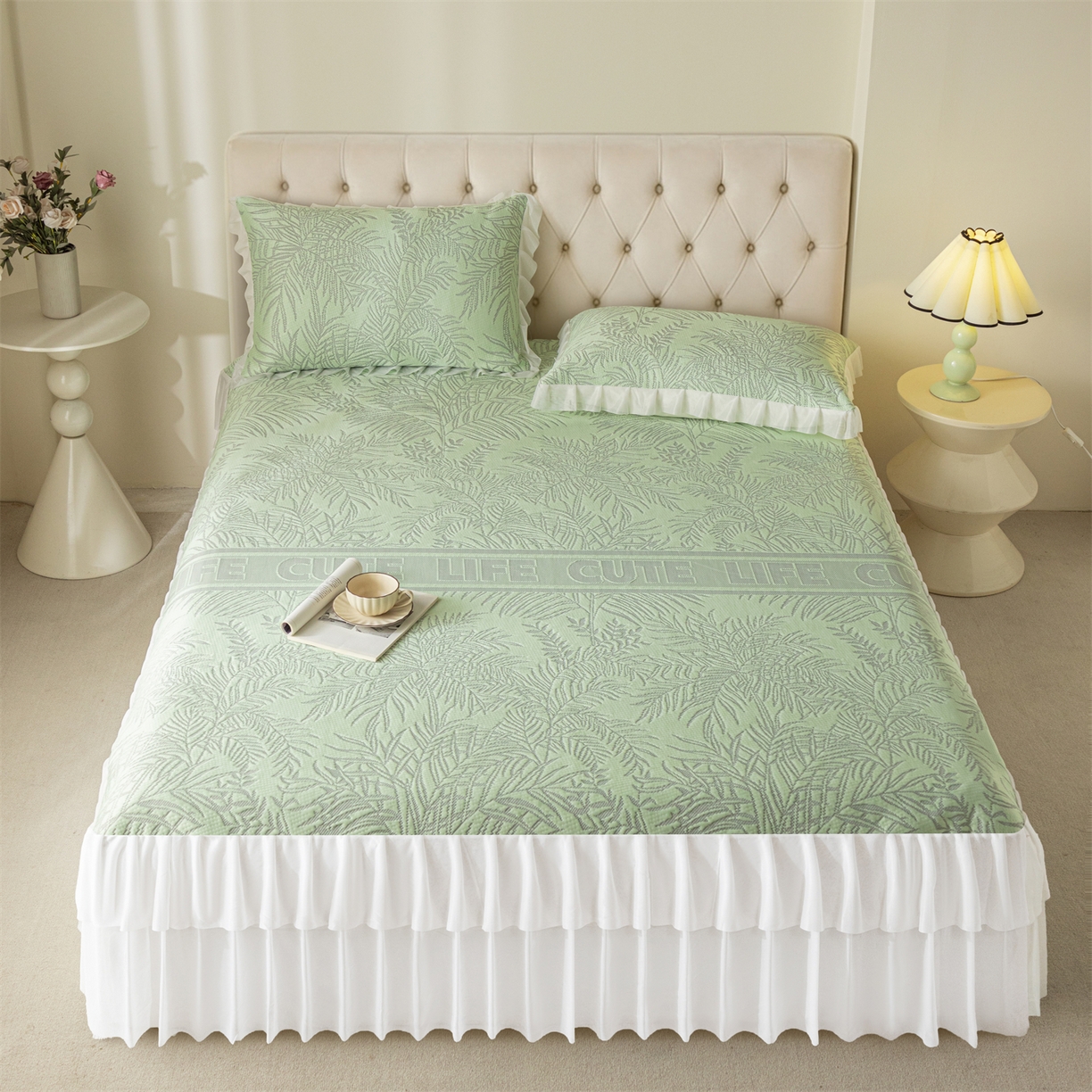 91家纺网 家纺一手货源 找家纺 （总）赛丽雅 2026爆款A类凉感豆豆凉席三件套床裙款冰丝软席子床笠款凉席