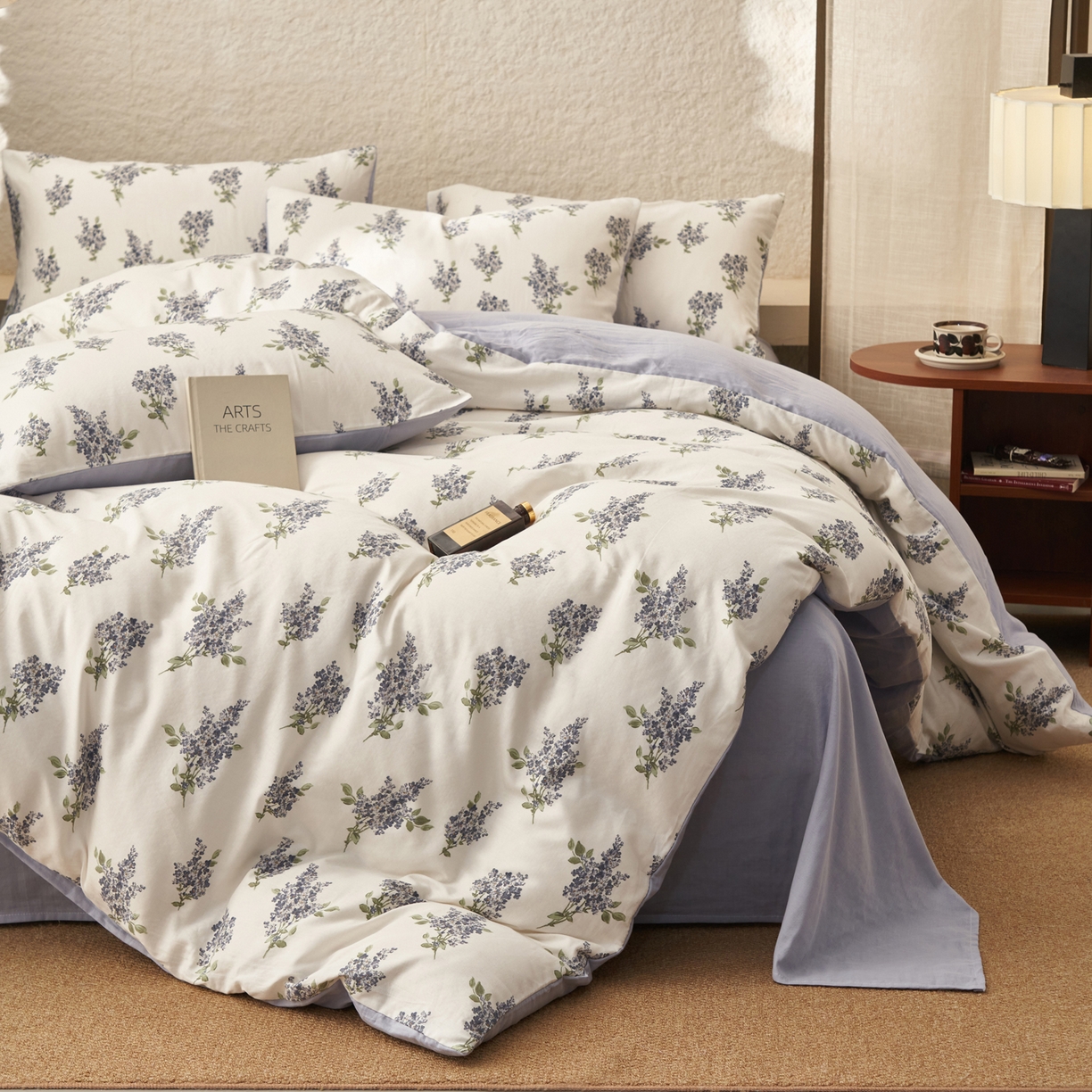 91家纺网 家纺一手货源 找家纺 早晨家纺 2026新款全棉双层纱四件套水洗棉法式复古纯棉床上用品 蓝花序