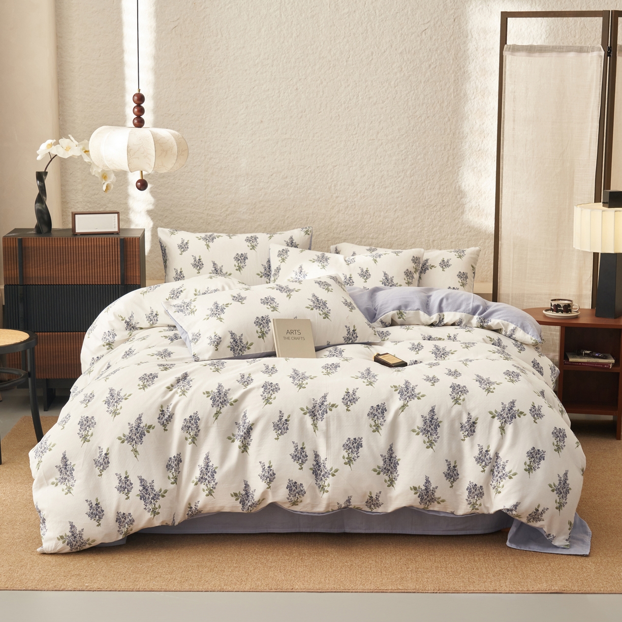 91家纺网 家纺一手货源 找家纺 早晨家纺 2026新款全棉双层纱四件套水洗棉法式复古纯棉床上用品 蓝花序