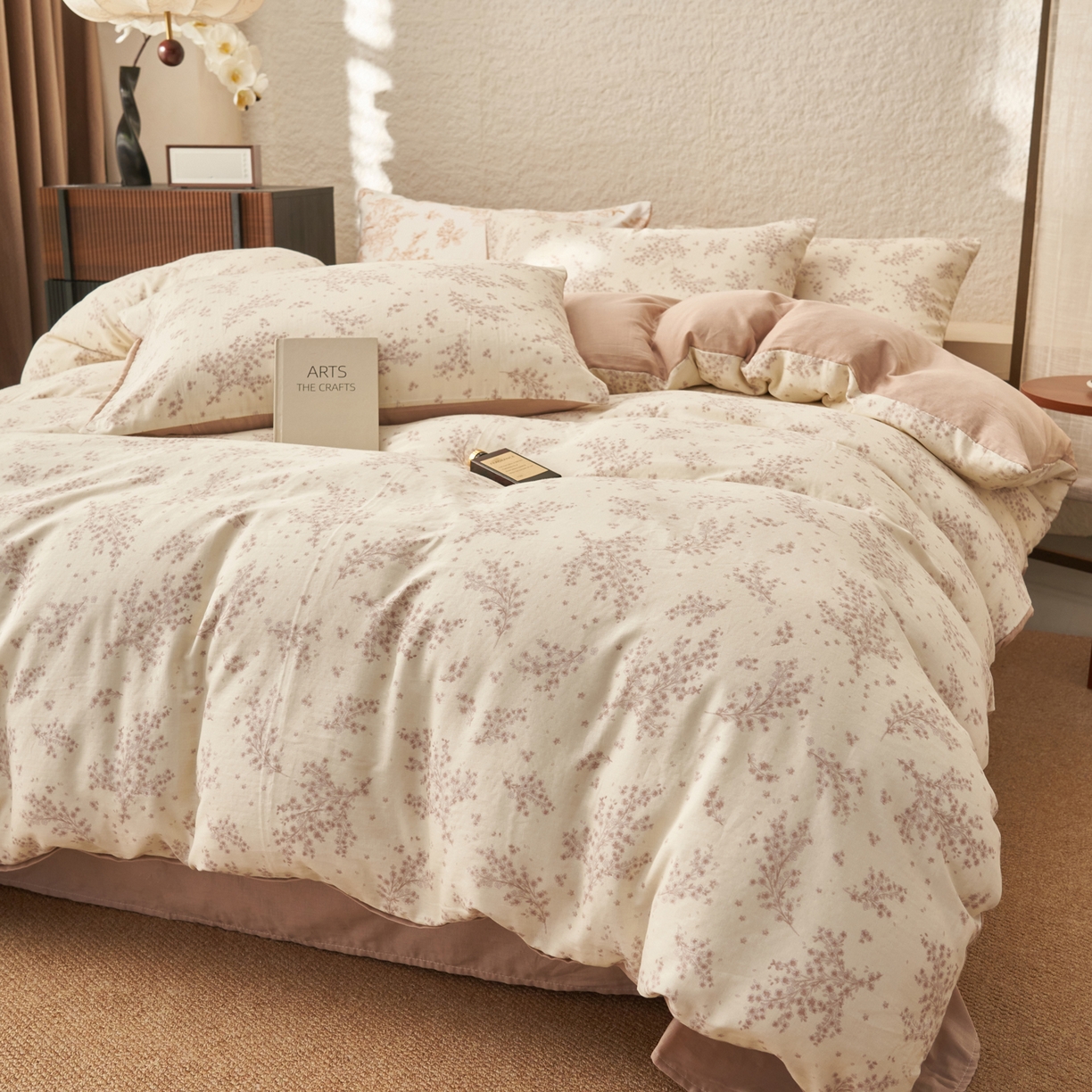 91家纺网 家纺一手货源 找家纺 早晨家纺 2026新款全棉双层纱四件套水洗棉法式复古纯棉床上用品 蓝铃花语