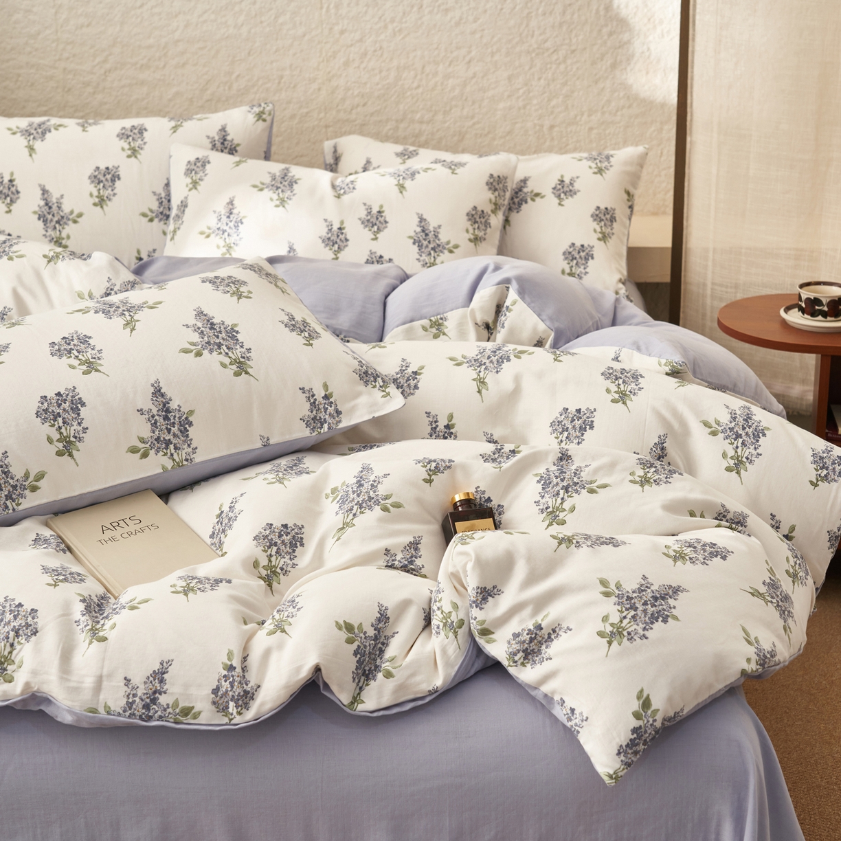 91家纺网 家纺一手货源 找家纺 早晨家纺 2026新款全棉双层纱四件套水洗棉法式复古纯棉床上用品 蓝花序