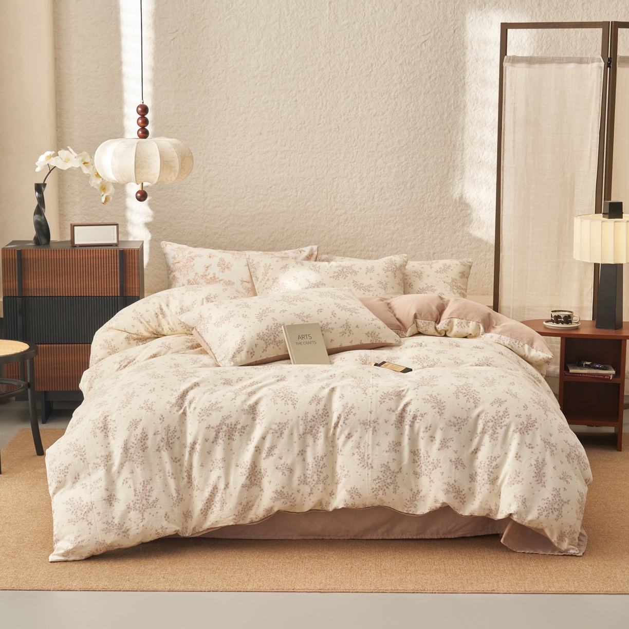 91家纺网 家纺一手货源 找家纺 早晨家纺 2026新款全棉双层纱四件套水洗棉法式复古纯棉床上用品 蓝铃花语