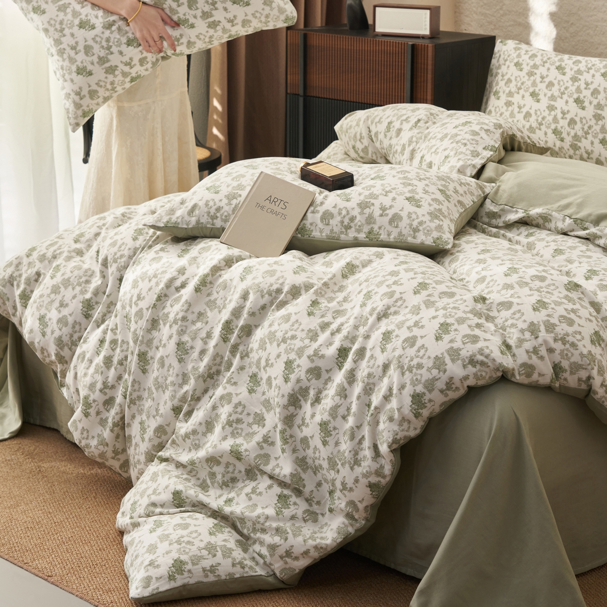 91家纺网 家纺一手货源 找家纺 早晨家纺 2026新款全棉双层纱四件套水洗棉法式复古纯棉床上用品 清野序