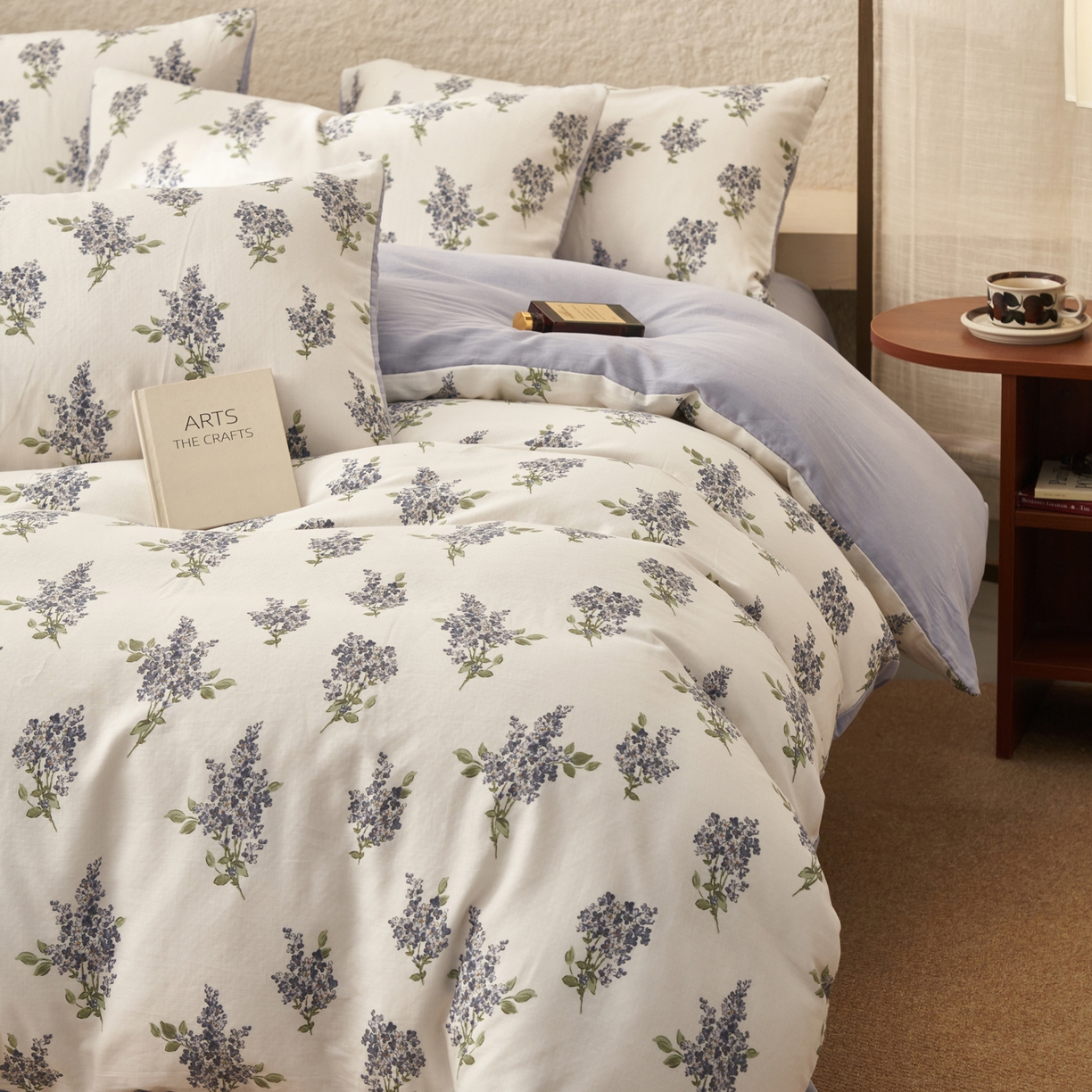 早晨家纺 2026新款全棉双层纱四件套水洗棉法式复古纯棉床上用品 蓝花序