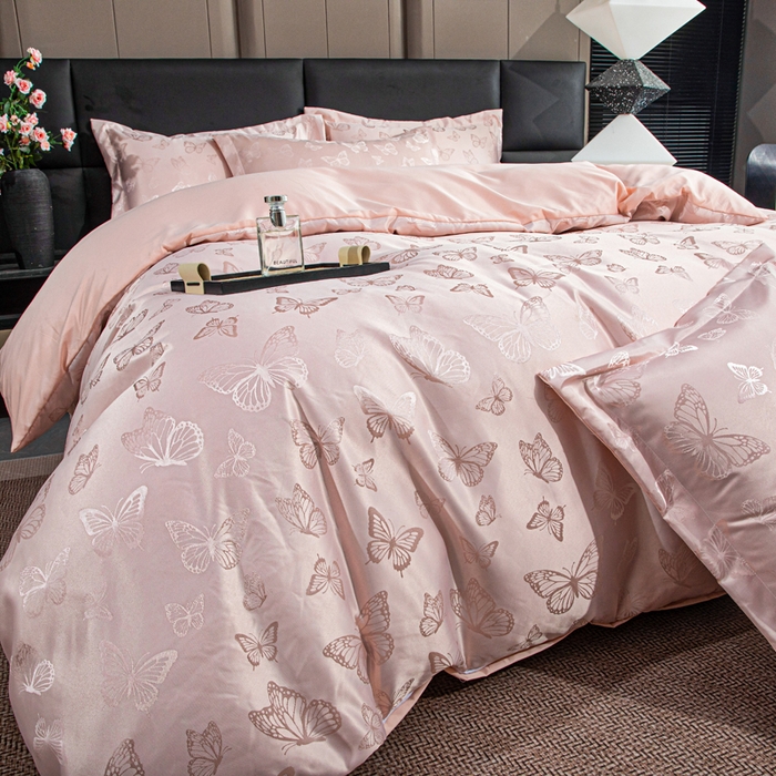 91家纺网 家纺一手货源 找家纺 优美 2026新款简单款水洗提花四件套 蝶之恋-淡玉