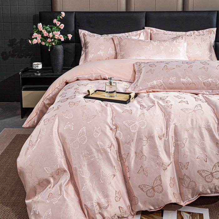 91家纺网 家纺一手货源 找家纺 优美 2026新款简单款水洗提花四件套 蝶之恋-淡玉