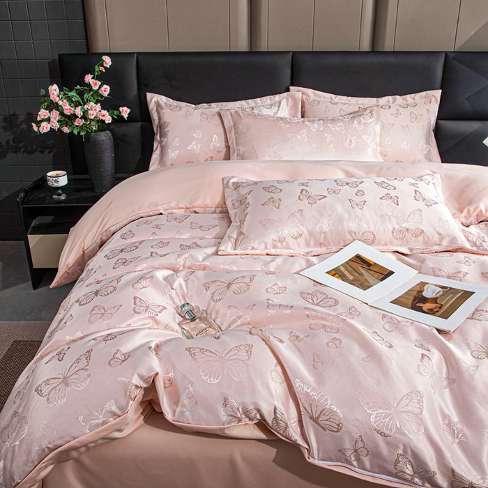 91家纺网 家纺一手货源 找家纺 优美 2026新款简单款水洗提花四件套 蝶之恋-淡玉