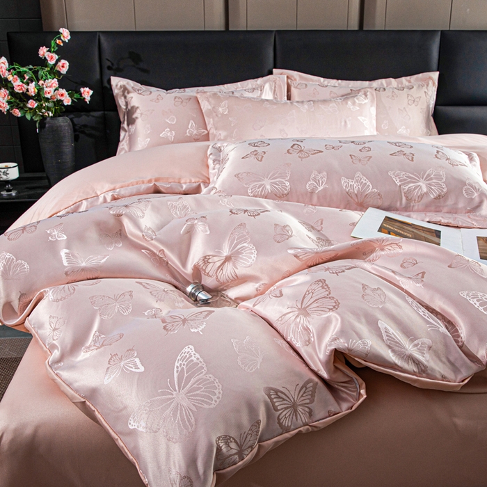 91家纺网 家纺一手货源 找家纺 优美 2026新款简单款水洗提花四件套 蝶之恋-淡玉