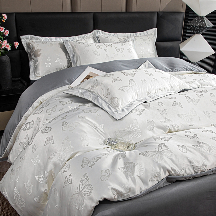 91家纺网 家纺一手货源 找家纺 优美 2026新款简单款水洗提花四件套 蝶之恋-白拼灰