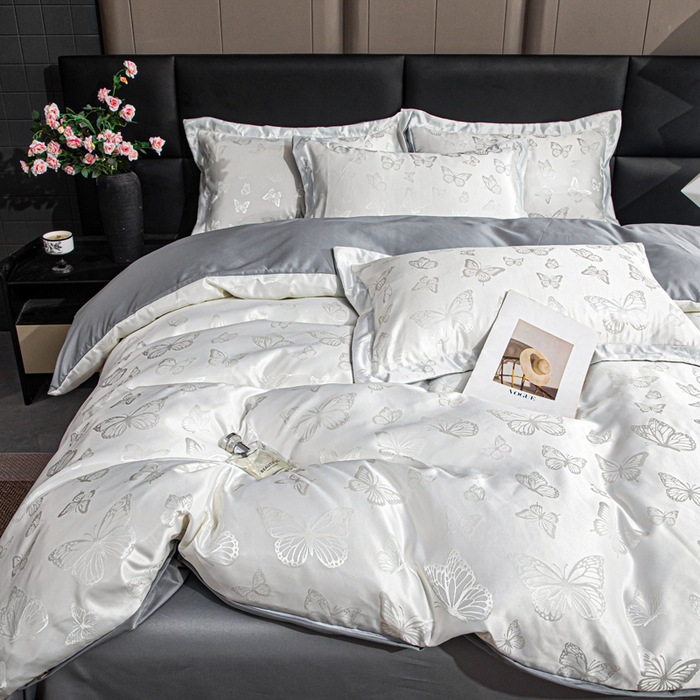 91家纺网 家纺一手货源 找家纺 优美 2026新款简单款水洗提花四件套 蝶之恋-白拼灰