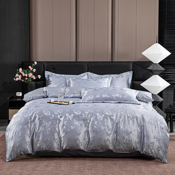 91家纺网 家纺一手货源 找家纺 优美 2026新款简单款水洗提花四件套 蝶之恋-浅云灰