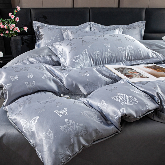 91家纺网 家纺一手货源 找家纺 优美 2026新款简单款水洗提花四件套 蝶之恋-浅云灰